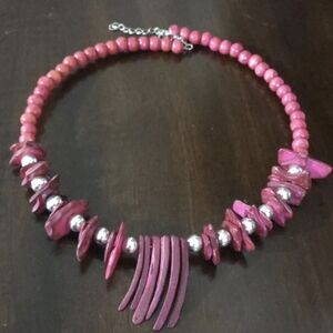 Pink Wood and Silver Beaded Native American Tribal Bib Necklace